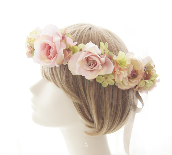 花冠 ~ Antique Flower Tiara ~ Pink バラ・薔薇・ローズ 結婚式 花冠 ~ Antique Flower Tiara ~ Pink バラ・薔薇・ローズ 結婚式