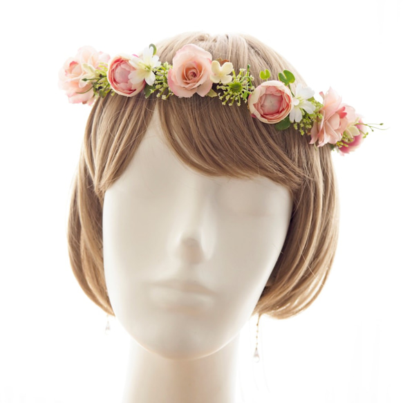 花冠 大人用 ~ Sweet Flower Tiara~ ピンク　花かんむり　結婚式☆ブライダル☆バラ 2枚目の画像