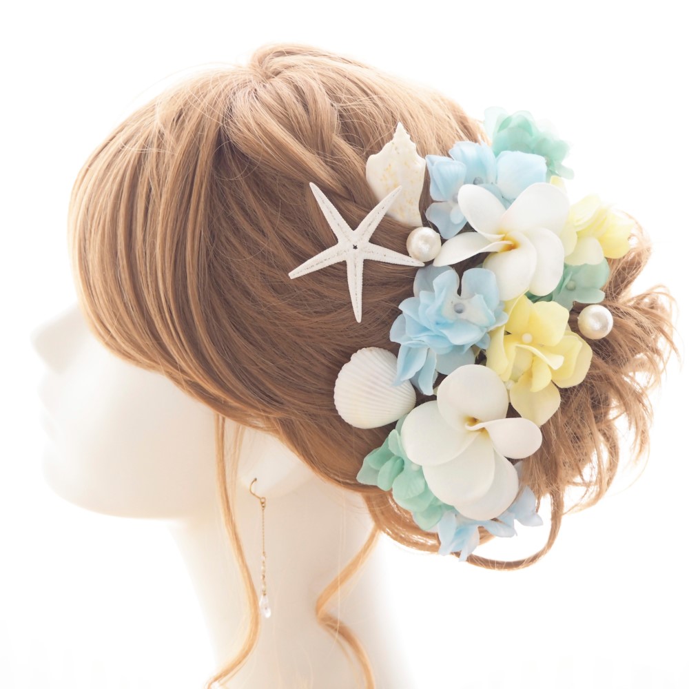 ヘッドドレス＊ヒトデとプルメリアの青い海に恋するマーメイドヘッドドレス ～イエローブルー～