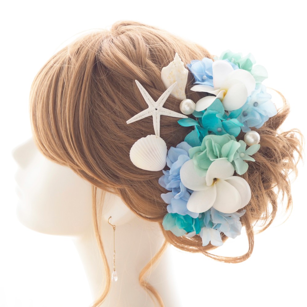 ヘッドドレス＊ヒトデとプルメリアの青い海に恋するマーメイドヘッドドレス ～ブルー～