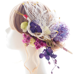 髪飾り　鶴　水引　紫　ライムグリーン　結婚式　ウェディング　卒業式　成人式 ヘッドドレス　ヘアパーツ　和装　振袖　着物 1枚目の画像