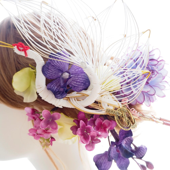 髪飾り　鶴　水引　紫　ライムグリーン　結婚式　ウェディング　卒業式　成人式 ヘッドドレス　ヘアパーツ　和装　振袖　着物 3枚目の画像