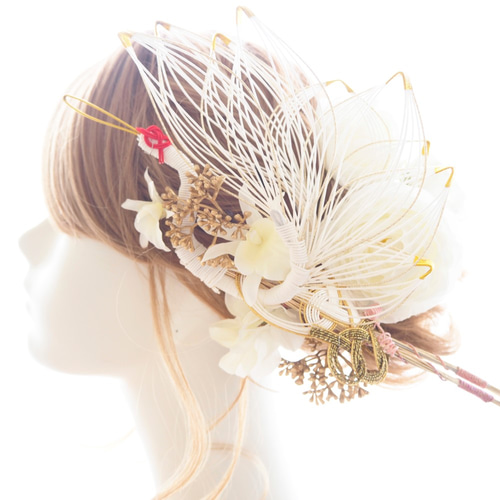 髪飾り 鶴 水引 和婚 白 ラナンキュラス 結婚式 ウェディング 卒業式