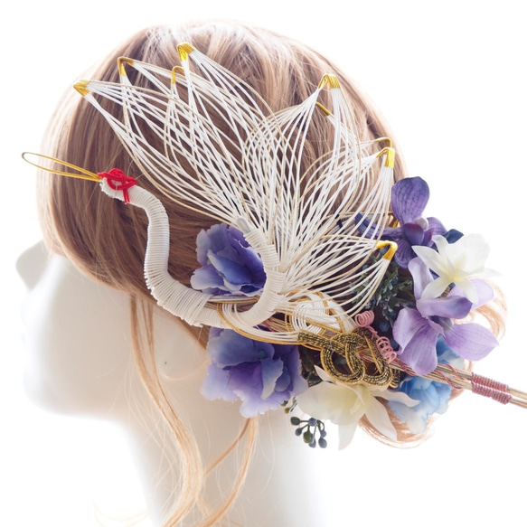 髪飾り　和婚　鶴　水引　蘭　紫陽花　　結婚式　ウェディング　卒業式　成人式　ヘッドドレス　ヘアパーツ　和装　振袖　着物 1枚目の画像
