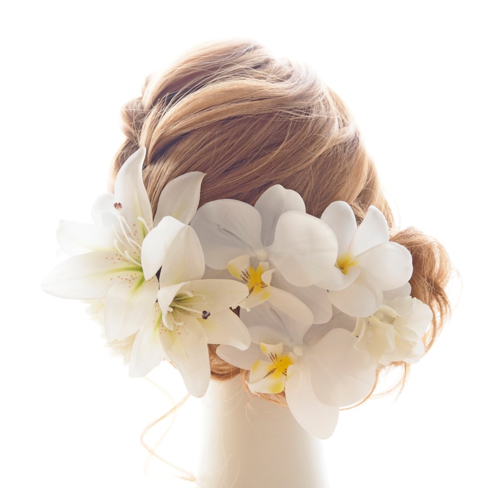 ヘッドドレス・髪飾り　白・プルメリア・蘭・百合・紫陽花　結婚式・ウエディング・ブライダル　和装・白無垢・和婚