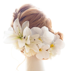ヘッドドレス・髪飾り　白・プルメリア・蘭・百合・紫陽花　結婚式・ウエディング・ブライダル　和装・白無垢・和婚 5枚目の画像