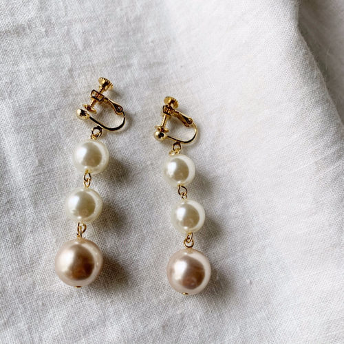 アクセサリー作成キット】3連パールビーズ・イヤリング/ピアス：Gold