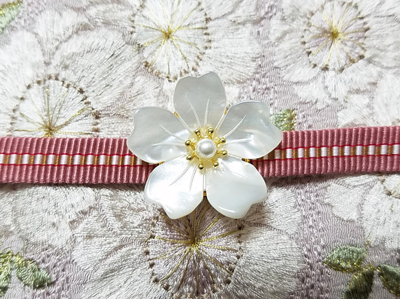 帯留め　シェル(白蝶貝)桜 2枚目の画像