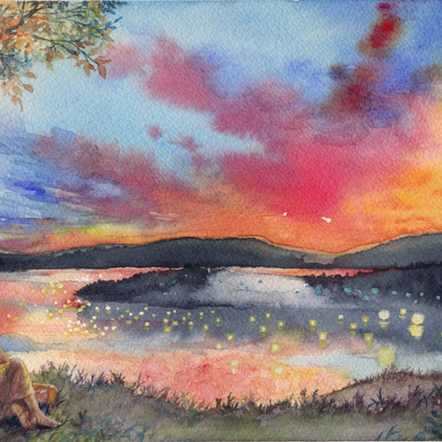 アクリル絵画「Lakeside in spring」原画【手描き/湖畔・桜・春 アクリル絵画「Lakeside in spring」原画【手描き/湖畔・桜・春