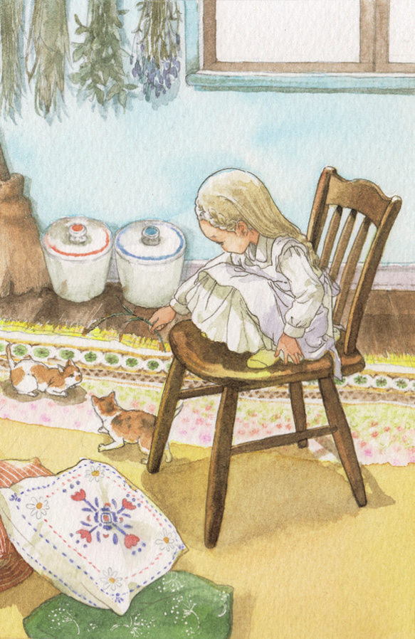 ポストカード 20番 少女と遊ぶこねこ 絵画 Yuko Niwa 通販 1588639
