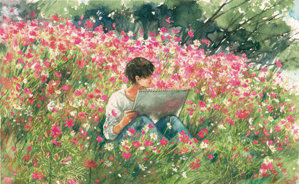 アートポスター「秋桜の中で」A4サイズ 2枚目の画像