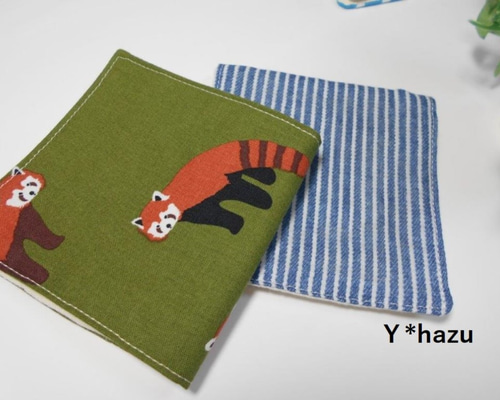 ♡ハーフガーゼハンカチ2枚セット♪レッサーパンダ柄/ヒッコリー柄