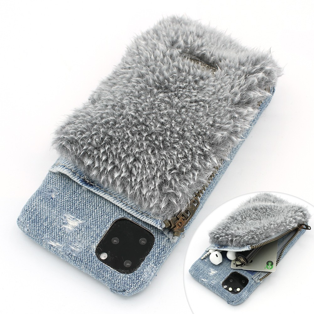 小物入れ付きふわもこスマホケース銀ぎつね - iPhone17ProMAXほか全機種対応,Experia,OPPOほか