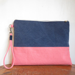 -NavyBlue × Pink- ワッシャー加工帆布クラッチバッグ・タブレットケース・ポーチ 2枚目の画像