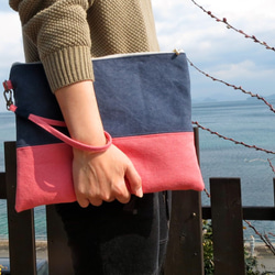 -NavyBlue × Pink- ワッシャー加工帆布クラッチバッグ・タブレットケース・ポーチ 5枚目の画像