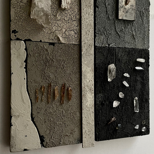 58/木と石と色のアートパネル 天然石|鉱物|木製|禅アート