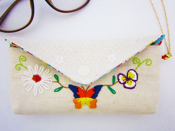 「ウィスパー蝶」デュアルユース着脱式のネックレスの手刺繍メガネバッグ＆携帯電話のセットネックレスメガネ＆携帯電話の袋 5枚目の画像