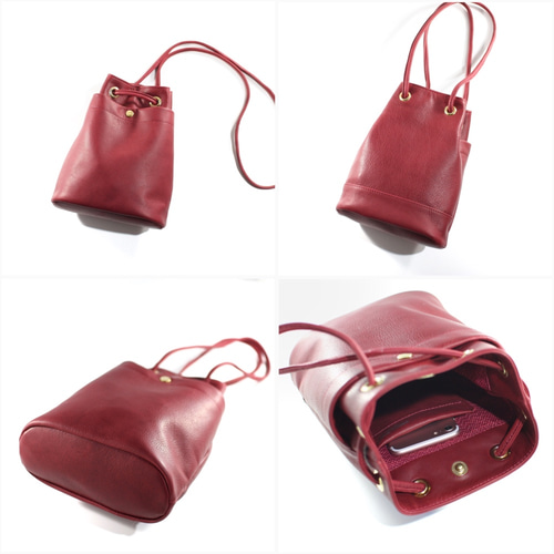 【売り尽くし】YSL 巾着ショルダーバッグ*ワインレッド しっとりと柔らかい高級レザー！巾着バッグS(ワインレッド