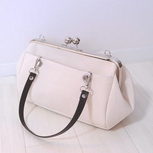 25cm口金☆生成り☆帆布☆2wayがま口ショルダーボストンバッグ☆小