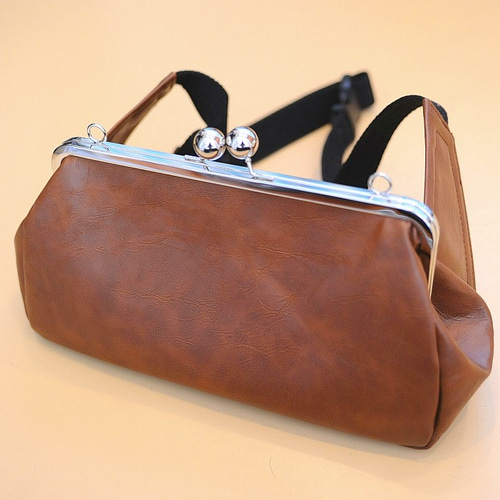 がま口ボディ＆ウエストバッグ｜キャメル合皮＊斜め掛けもできるユニ