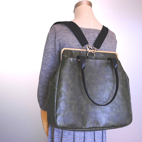 がま口2wayバッグ｜トート＆リュック＊合皮グリーン×30cm口金