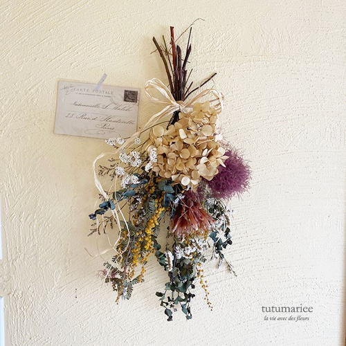 ミモザとあめ色あじさいのスワッグ】ドライフラワー,あじさい,玄関  