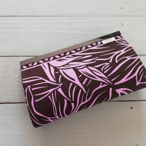 ハンドメイド ハワイアン柄 長財布 直線口金 茶ピンク