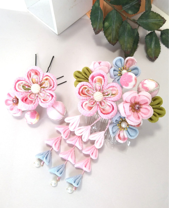 つまみ細工髪飾り ＃18-62 七五三淡さくら色(3歳用) コーム mameまめ  