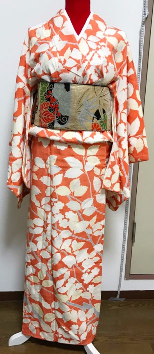 結ぶだけセパレート着物 鮮やかなオレンジに白い桜 着物 3分着物 