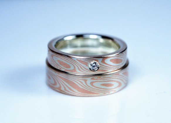 Karat gold mokume gane wedding ring 04(Two ring set) 2枚目の画像