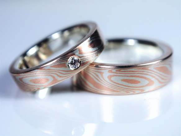 Karat gold mokume gane wedding ring 04(Two ring set) 3枚目の画像