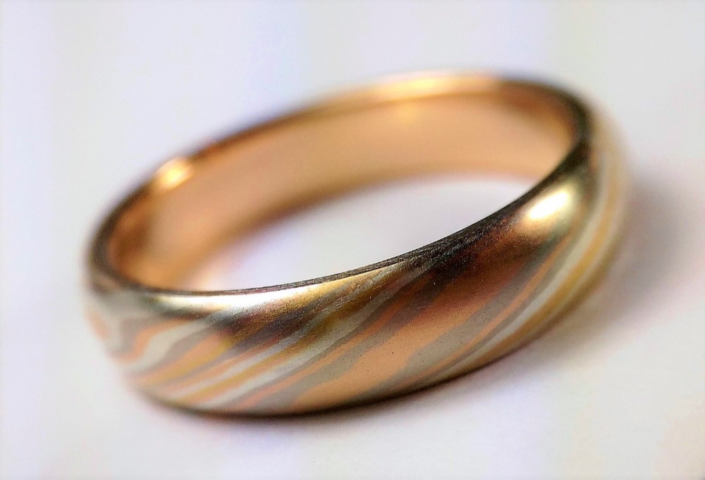 Karat gold mokume gane wedding ring 06 (Two ring set)