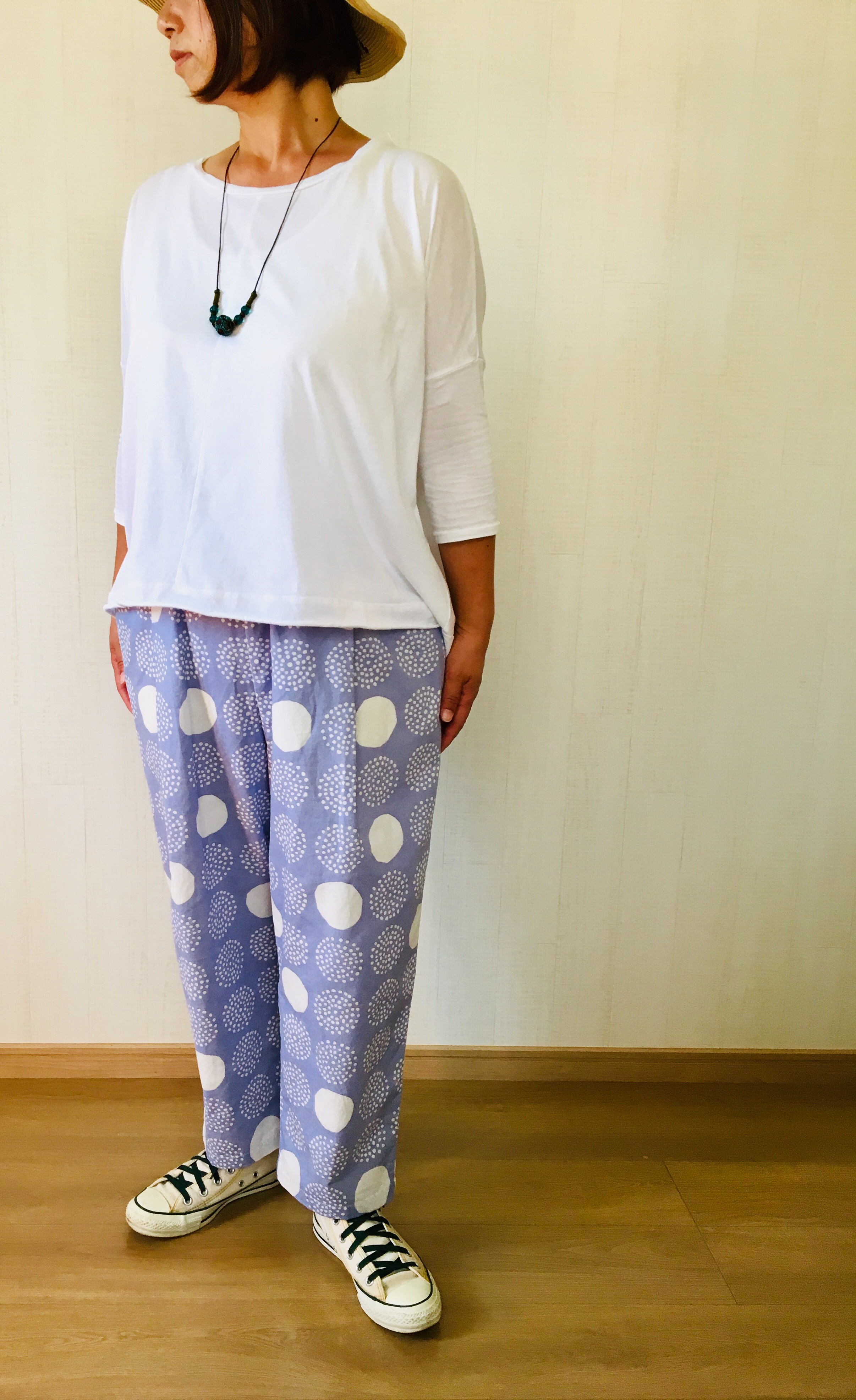 ハンドメイド 北欧風キャンバス生地ワイドパンツ FREE SIZE