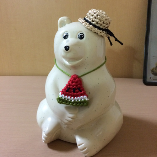 しろくま貯金箱＊スイカキャップ しろくま貯金箱用 夏休みセット＊ナチュラルカンカン帽とスイカ