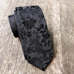 花與龍紋手工領帶-黑緞燒花-handmade-neckties-手工領帶-黑 第2張的照片