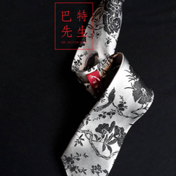 巴特先生-鳥與花手工領帶-Neckties-銀緞 第1張的照片