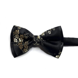 Mr. Bart-Black Satin Gold Flower Hand Bow Tie-Satin-Jacquard-Bow 1枚目の画像