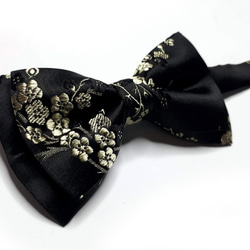 Mr. Bart-Black Satin Gold Flower Hand Bow Tie-Satin-Jacquard-Bow 2枚目の画像