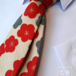 巴特先生-小紅梅花手工領帶-綿-handmade-neck tie-米白 第3張的照片