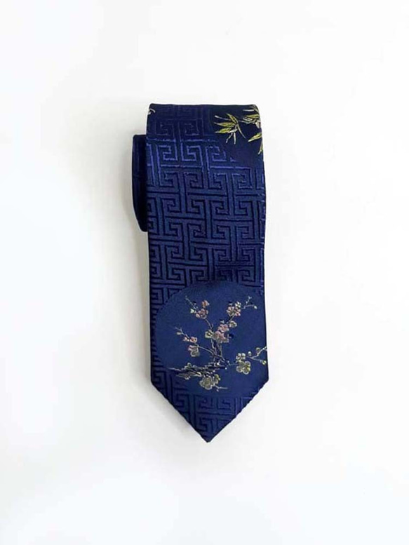 巴特先生-圓與花的配置 手工領帶-Neckties-深藍 第2張的照片
