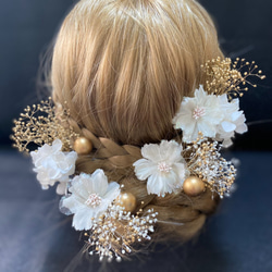 hg0057 髪飾り 成人式 桜　かすみ草　ゴールド　パール 2枚目の画像