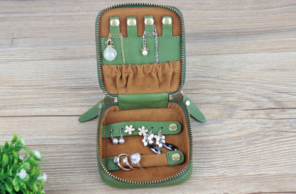 本革 超コンパクト 持ち運び便利なアクセサリー収納ケース ☆Green