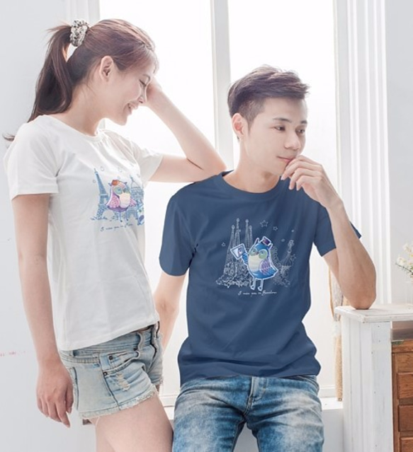 カップル[世界旅行フクロウ]バレンタインデー、結婚祝い、愛情のこもったラブレター（綿のTシャツ）手描きイラストレーター 1枚目の画像