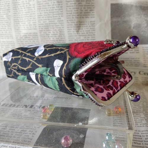 ドクロと薔薇☆がま口 ポーチ タバコケース メガネOK☆アレキサンダー