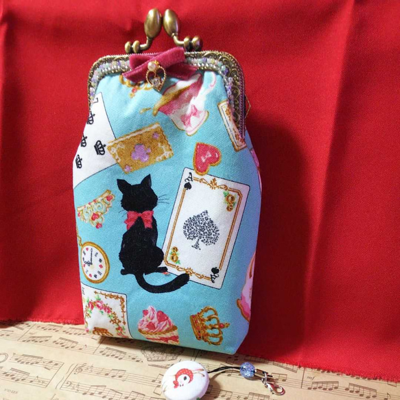 黒猫ちゃんのお茶会、あれ？アリスは？☆がま口 ポーチ タバコケース 