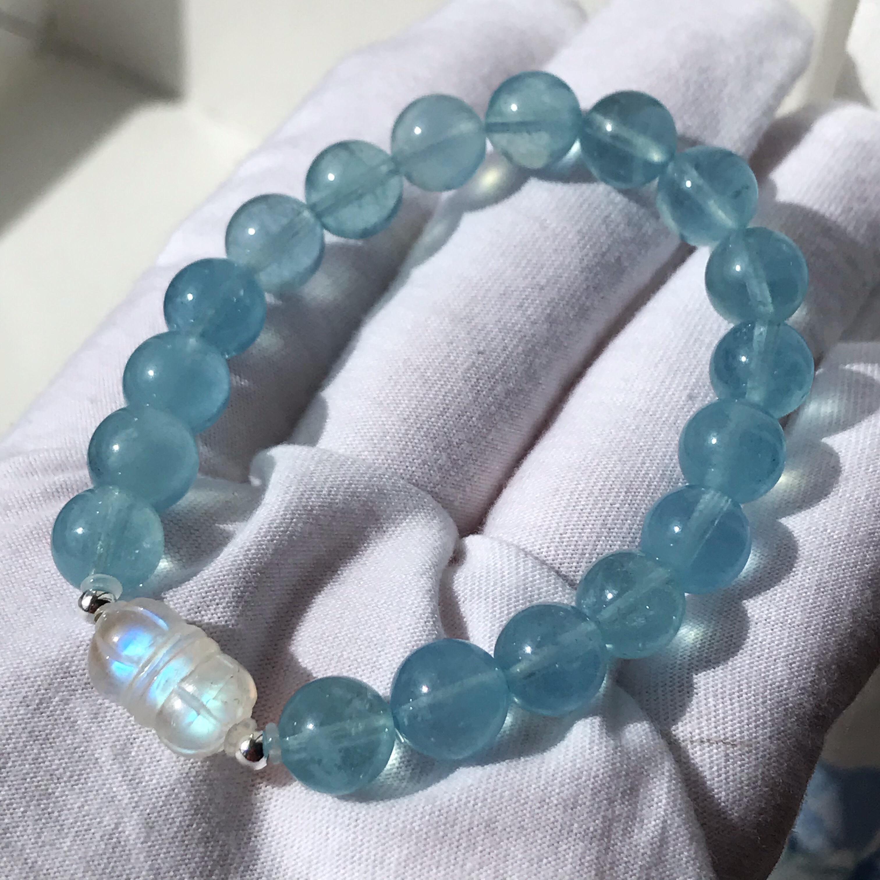 イギリス発送　夏ブレス　アクアマリン　双蓮頭ムーンストーン　ブレスレット  爽やか　縁起物