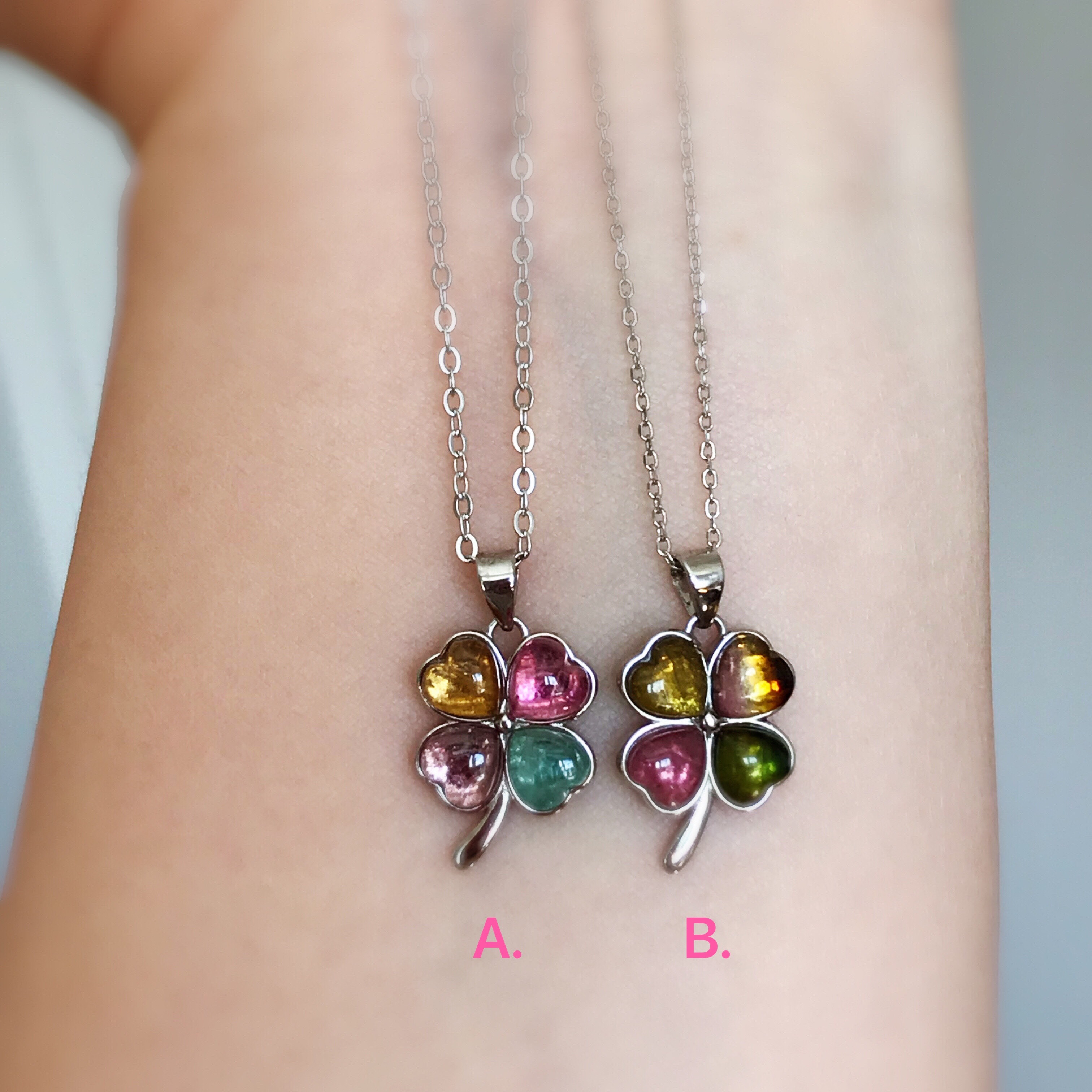 イギリス発送　ハイクォリティ 天然 マルチカラートルマリンネックレス　虹色　クローバーネックレス　Silver925