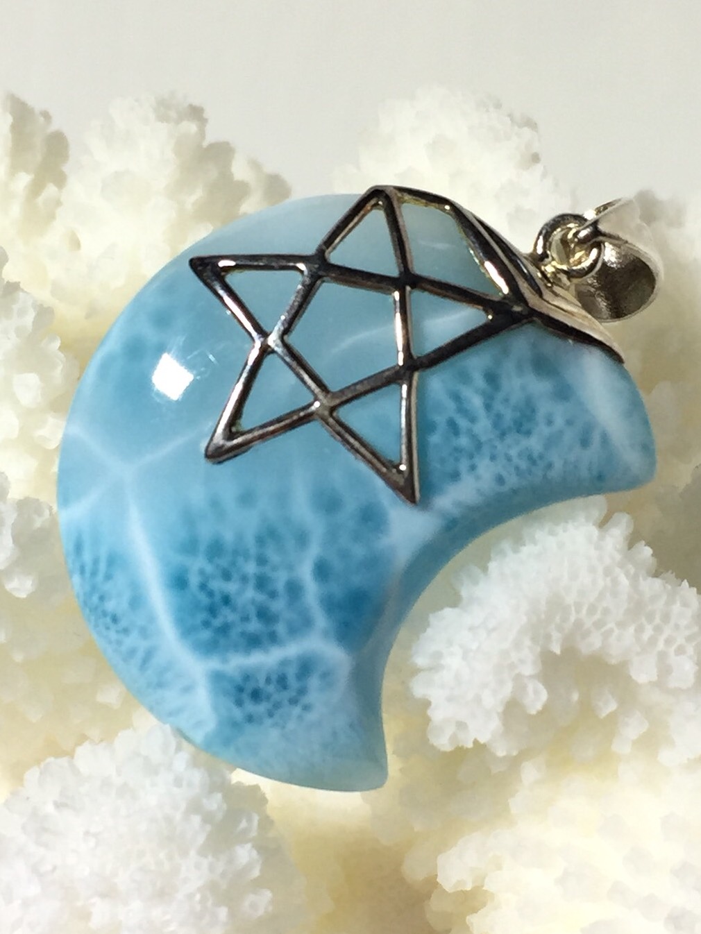 セール送料込み世界に一つ★三日月&星★ 3.5cm極品ドミニカ共和国ラリマーペンダント Silver925