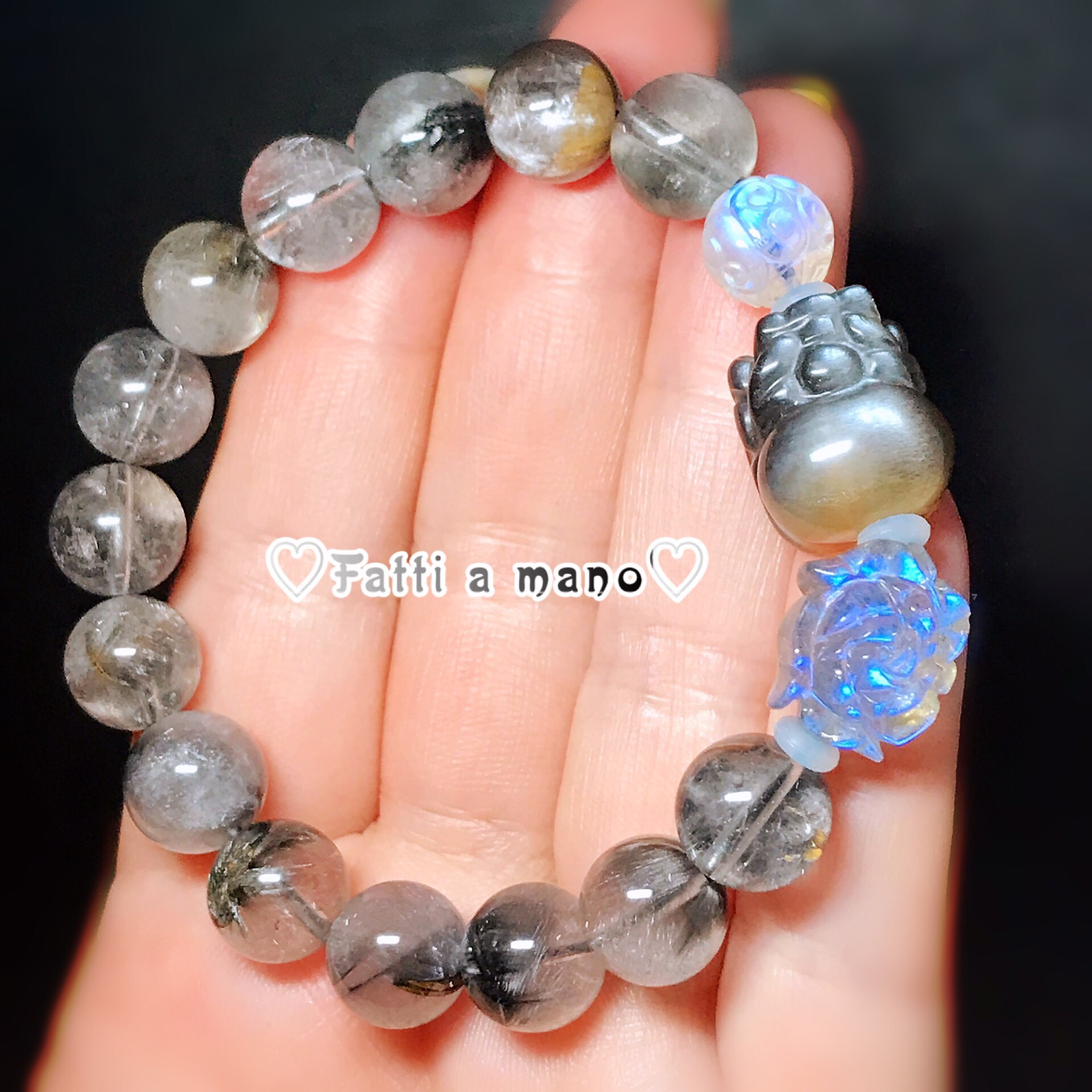 夢を実現してくれる？！キャツアブラックムーンストーン貔貅さん&プラチナルチル ブルームーンストーン回紋珠 ブレスレット