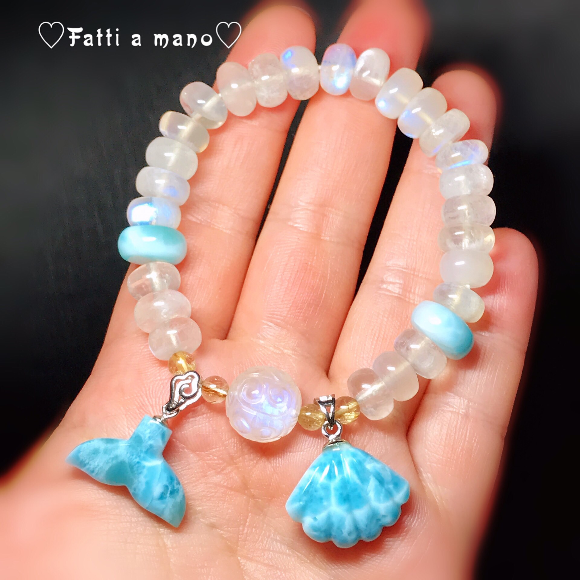 限定　ハイクオリティ クリームムンストーン ホエールテール&シェル ラリマーブレスレット 上品 海 ハワイ 可愛い 沖縄 36,140円